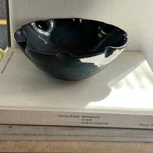 Ceramic Flower Shaped Bowl 3" x 7.5" Blue Glaze Signed Mid-Century Handmade Art